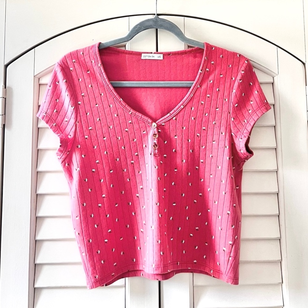 Cotton On Large Coral V-Neck Cotton Flower Print Ribbed Crop Top
